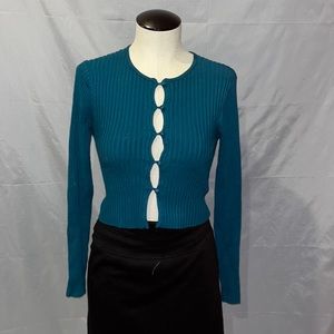Teal stretch women’s shirt with peekaboo open buttons in front